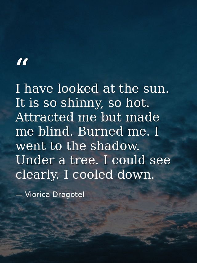 I have looked at the sun. It is so shinny, so hot. Attracted me but made me blind. Burned me. I went to the shadow. Unde — Viorica Dragotel