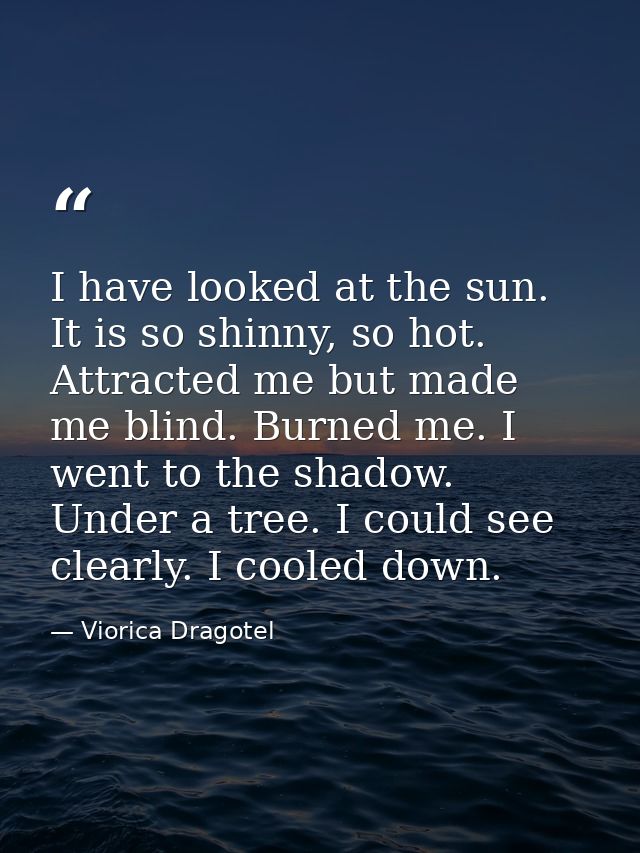 I have looked at the sun. It is so shinny, so hot. Attracted me but made me blind. Burned me. I went to the shadow. Unde — Viorica Dragotel