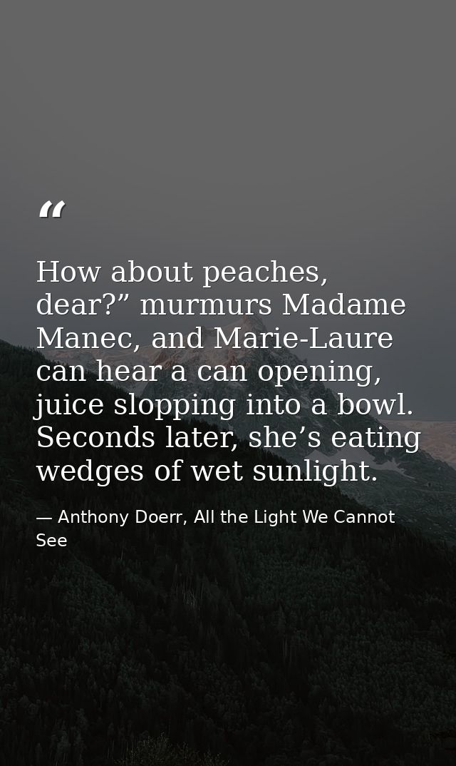How about peaches, dear?” murmurs Madame Manec, and Marie-Laure can hear a can opening, juice slopping into a bowl. Seco — Anthony Doerr, All the Light We Cannot See