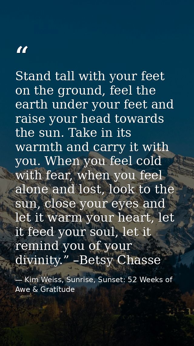 Stand tall with your feet on the ground, feel the earth under your feet and raise your head towards the sun. Take in its — Kim Weiss, Sunrise, Sunset: 52 Weeks of Awe & Gratitude