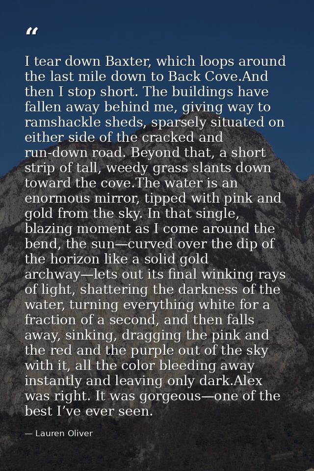 I tear down Baxter, which loops around the last mile down to Back Cove.And then I stop short. The buildings have fallen  — Lauren Oliver
