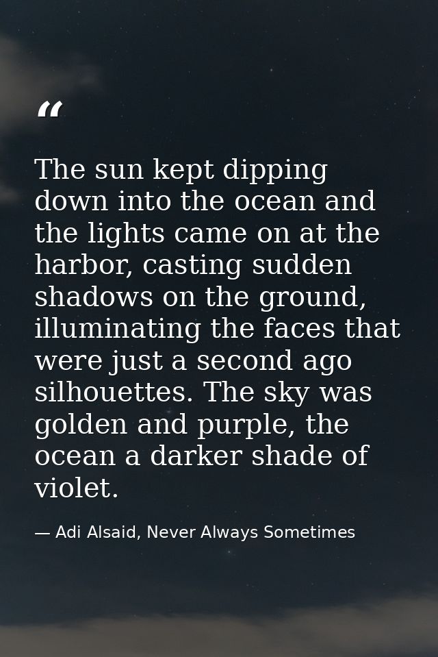 The sun kept dipping down into the ocean and the lights came on at the harbor, casting sudden shadows on the ground, ill — Adi Alsaid, Never Always Sometimes