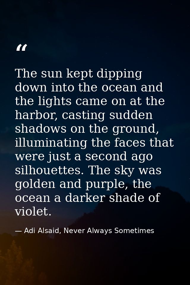 The sun kept dipping down into the ocean and the lights came on at the harbor, casting sudden shadows on the ground, ill — Adi Alsaid, Never Always Sometimes