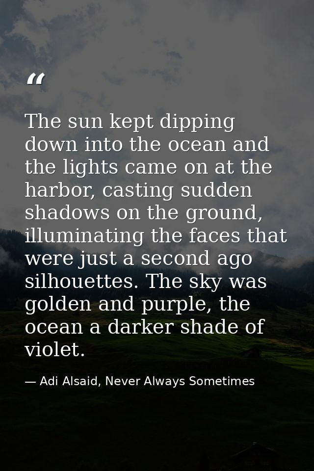 The sun kept dipping down into the ocean and the lights came on at the harbor, casting sudden shadows on the ground, ill — Adi Alsaid, Never Always Sometimes