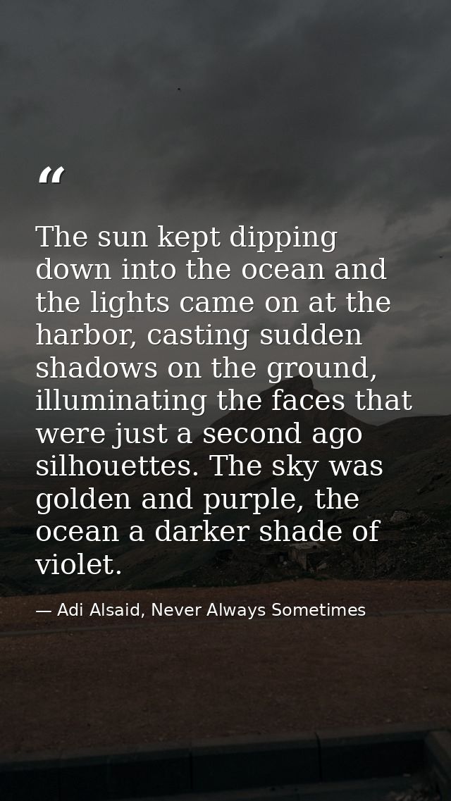 The sun kept dipping down into the ocean and the lights came on at the harbor, casting sudden shadows on the ground, ill — Adi Alsaid, Never Always Sometimes