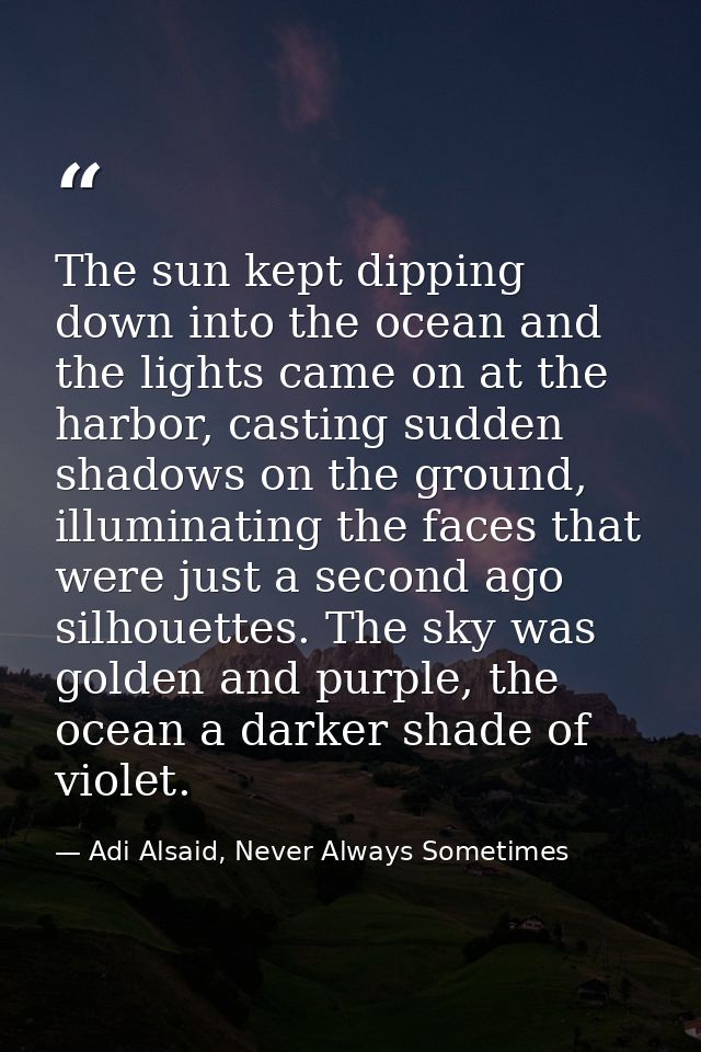 The sun kept dipping down into the ocean and the lights came on at the harbor, casting sudden shadows on the ground, ill — Adi Alsaid, Never Always Sometimes