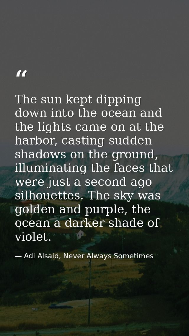 The sun kept dipping down into the ocean and the lights came on at the harbor, casting sudden shadows on the ground, ill — Adi Alsaid, Never Always Sometimes