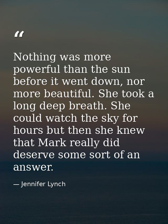 Nothing was more powerful than the sun before it went down, nor more beautiful. She took a long deep breath. She could w — Jennifer Lynch