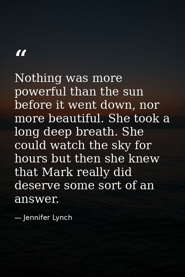 Nothing was more powerful than the sun before it went down, nor more beautiful. She took a long deep breath. She could w — Jennifer Lynch