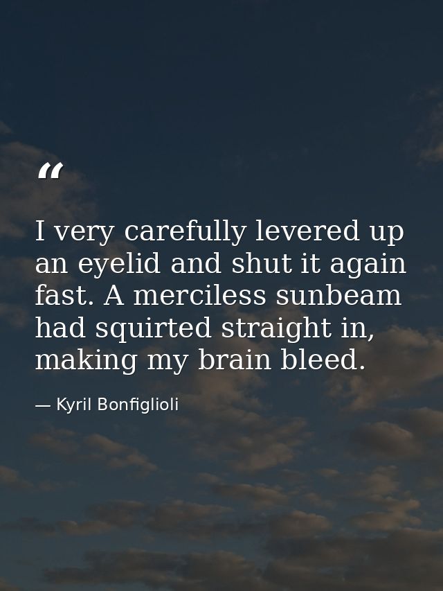 I very carefully levered up an eyelid and shut it again fast. A merciless sunbeam had squirted straight in, making my br — Kyril Bonfiglioli