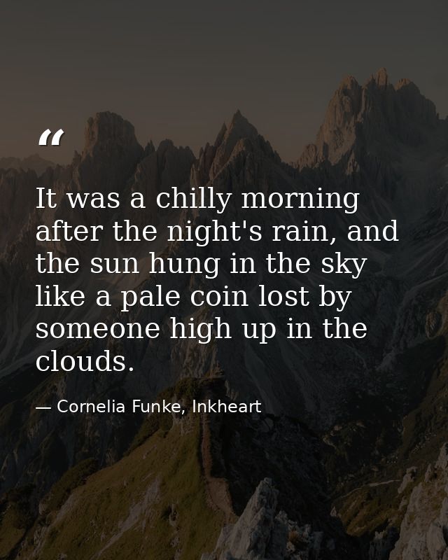 It was a chilly morning after the night's rain, and the sun hung in the sky like a pale coin lost by someone high up in  — Cornelia Funke, Inkheart