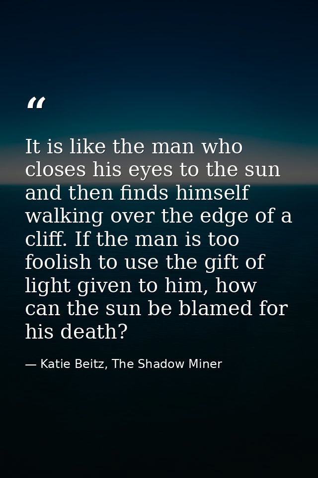 It is like the man who closes his eyes to the sun and then finds himself walking over the edge of a cliff. If the man is — Katie Beitz, The Shadow Miner