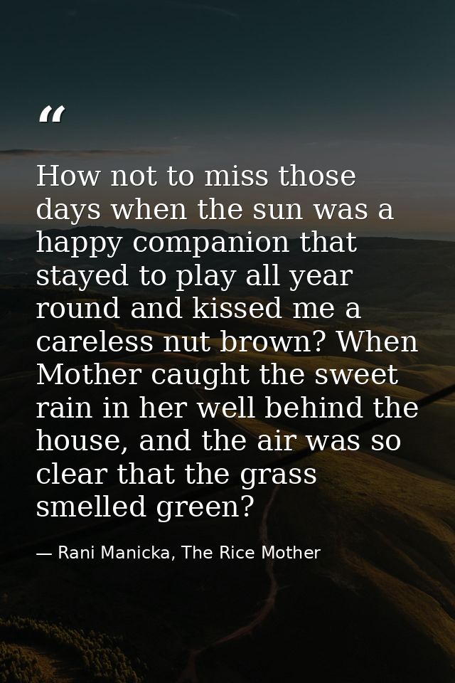 How not to miss those days when the sun was a happy companion that stayed to play all year round and kissed me a careles — Rani Manicka, The Rice Mother