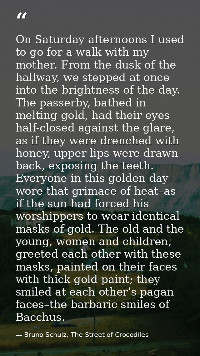 On Saturday afternoons I used to go for a walk with my mother. From the dusk of the hallway, we stepped at once into the — Bruno Schulz, The Street of Crocodiles