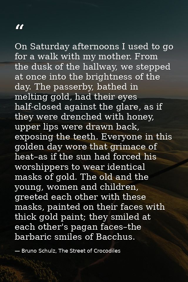 On Saturday afternoons I used to go for a walk with my mother. From the dusk of the hallway, we stepped at once into the — Bruno Schulz, The Street of Crocodiles