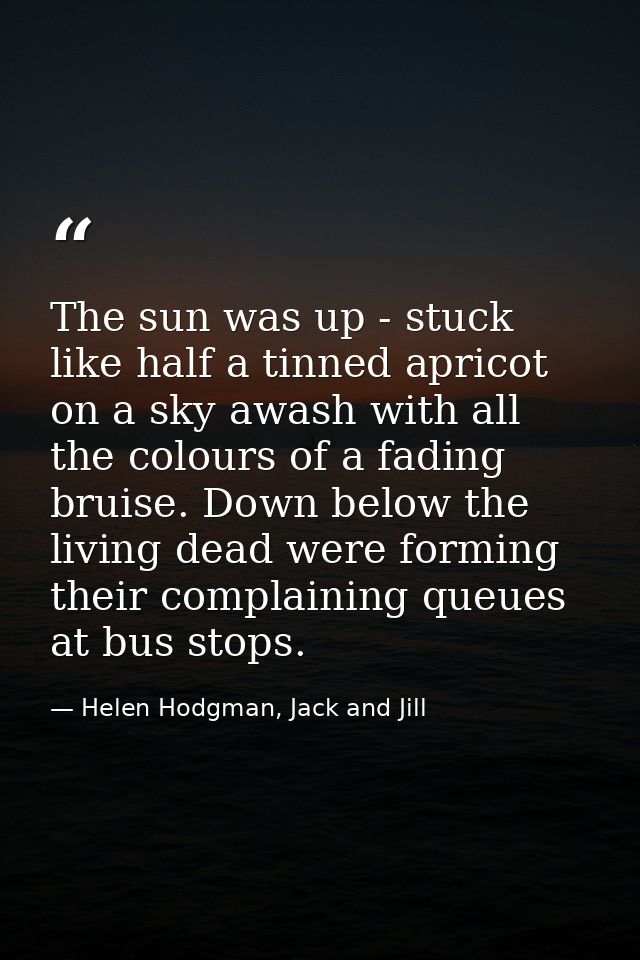 The sun was up - stuck like half a tinned apricot on a sky awash with all the colours of a fading bruise. Down below the — Helen Hodgman, Jack and Jill