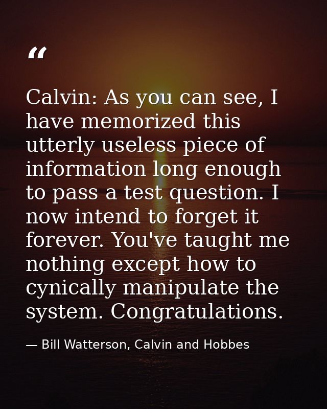 Calvin: As you can see, I have memorized this utterly useless piece of information long enough to pass a test question.  — Bill Watterson, Calvin and Hobbes