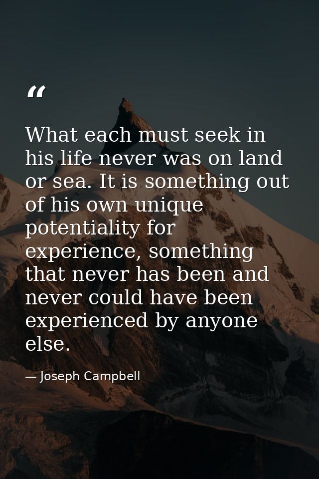 What each must seek in his life never was on land or sea. It is something out of his own unique potentiality for experie — Joseph Campbell