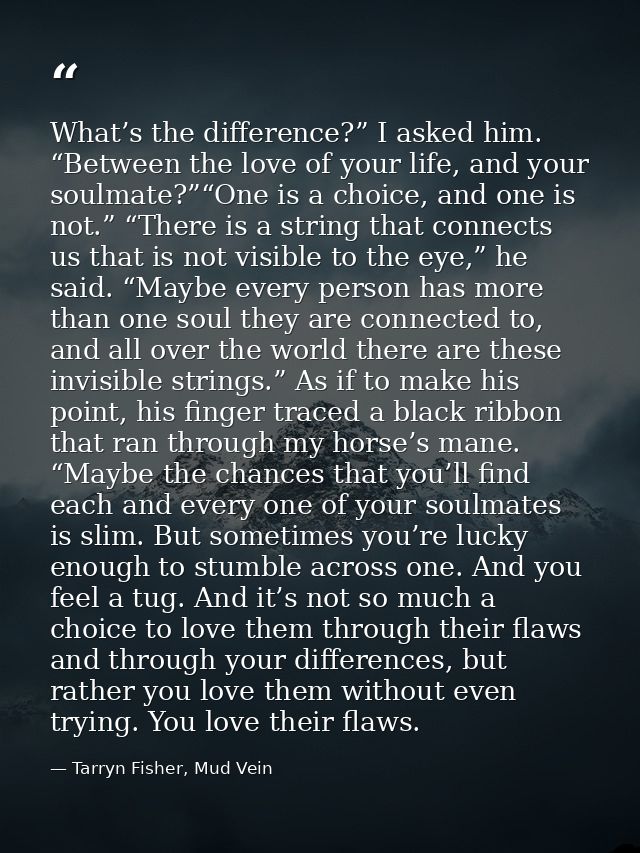 What’s the difference?” I asked him. “Between the love of your life, and your soulmate?”“One is a choice, and one is not — Tarryn Fisher, Mud Vein