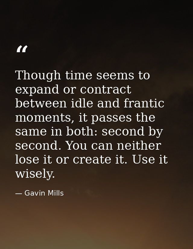 Though time seems to expand or contract between idle and frantic moments, it passes the same in both: second by second.  — Gavin Mills