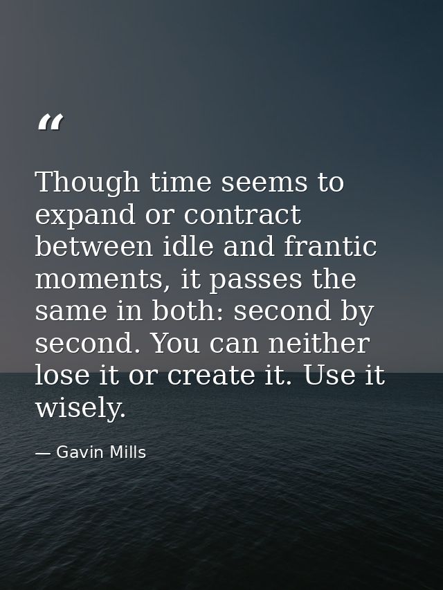 Though time seems to expand or contract between idle and frantic moments, it passes the same in both: second by second.  — Gavin Mills