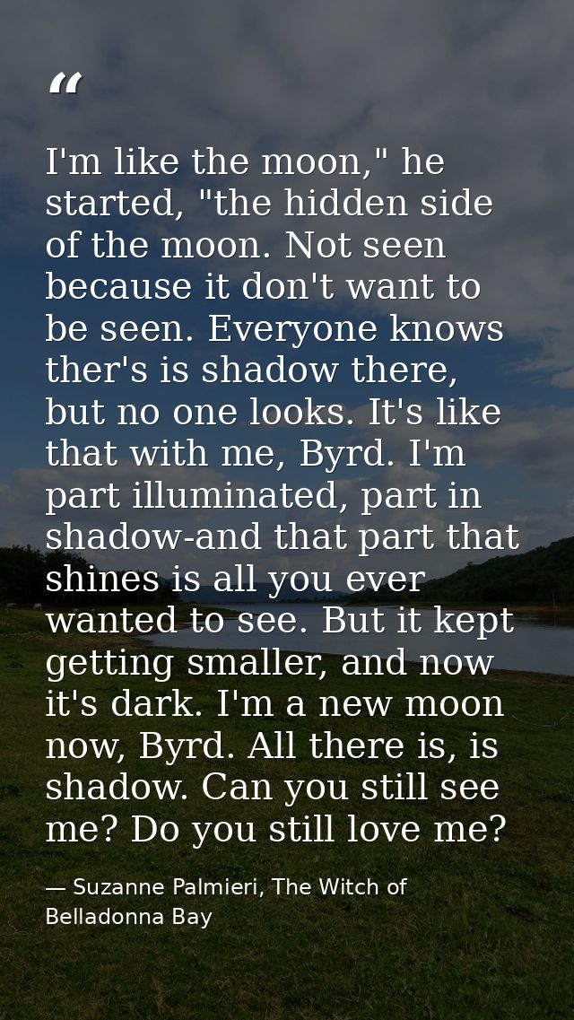 I'm like the moon," he started, "the hidden side of the moon. Not seen because it don't want to be seen. Everyone knows  — Suzanne Palmieri, The Witch of Belladonna Bay