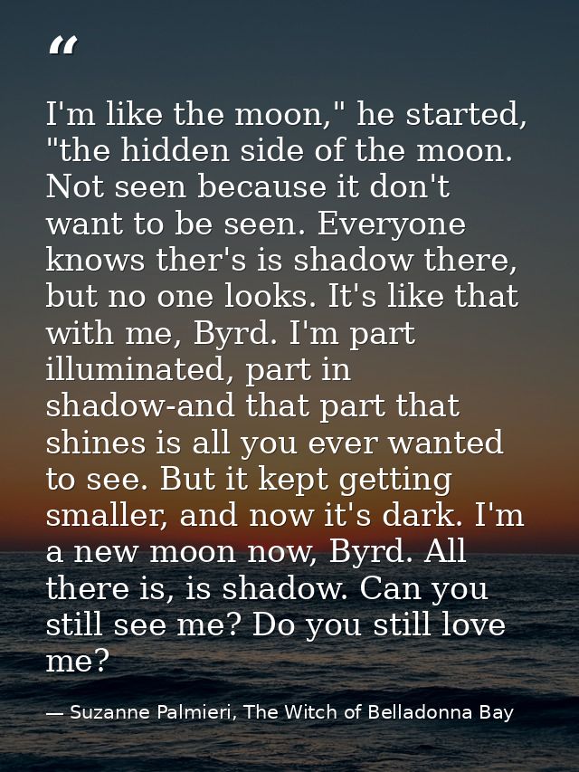 I'm like the moon," he started, "the hidden side of the moon. Not seen because it don't want to be seen. Everyone knows  — Suzanne Palmieri, The Witch of Belladonna Bay
