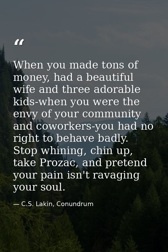 When you made tons of money, had a beautiful wife and three adorable kids-when you were the envy of your community and c — C.S. Lakin, Conundrum