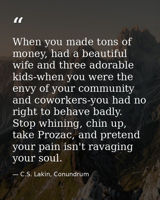 When you made tons of money, had a beautiful wife and three adorable kids-when you were the envy of your community and c — C.S. Lakin, Conundrum
