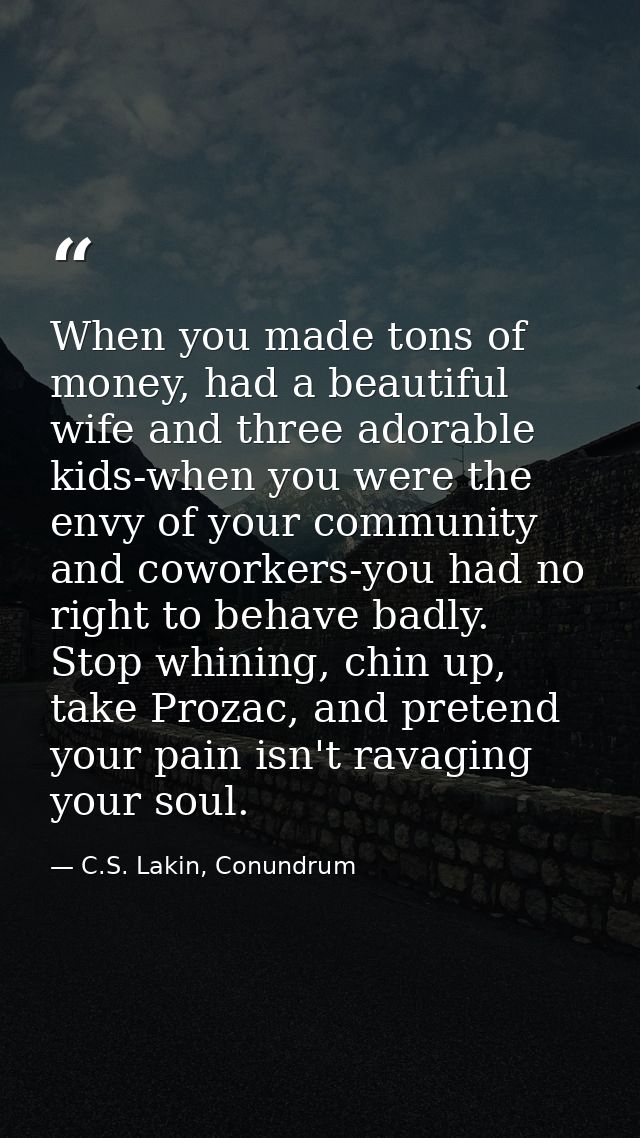 When you made tons of money, had a beautiful wife and three adorable kids-when you were the envy of your community and c — C.S. Lakin, Conundrum