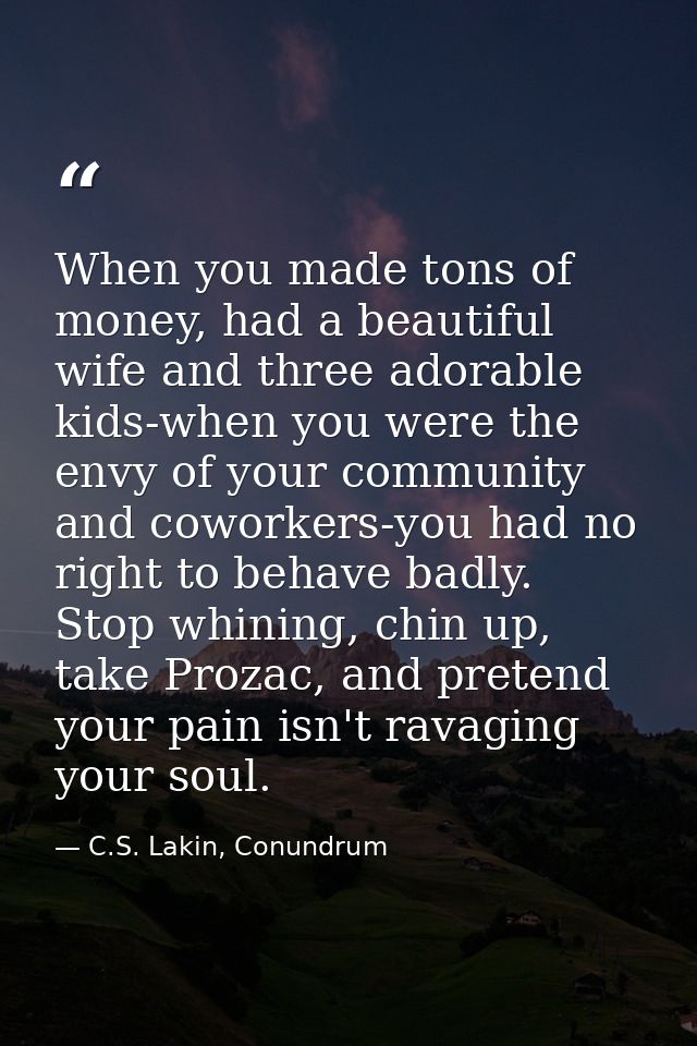 When you made tons of money, had a beautiful wife and three adorable kids-when you were the envy of your community and c — C.S. Lakin, Conundrum