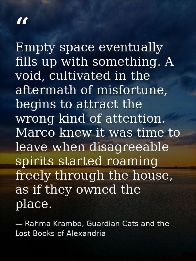 Empty space eventually fills up with something. A void, cultivated in the aftermath of misfortune, begins to attract the — Rahma Krambo, Guardian Cats and the Lost Books of Alexandria