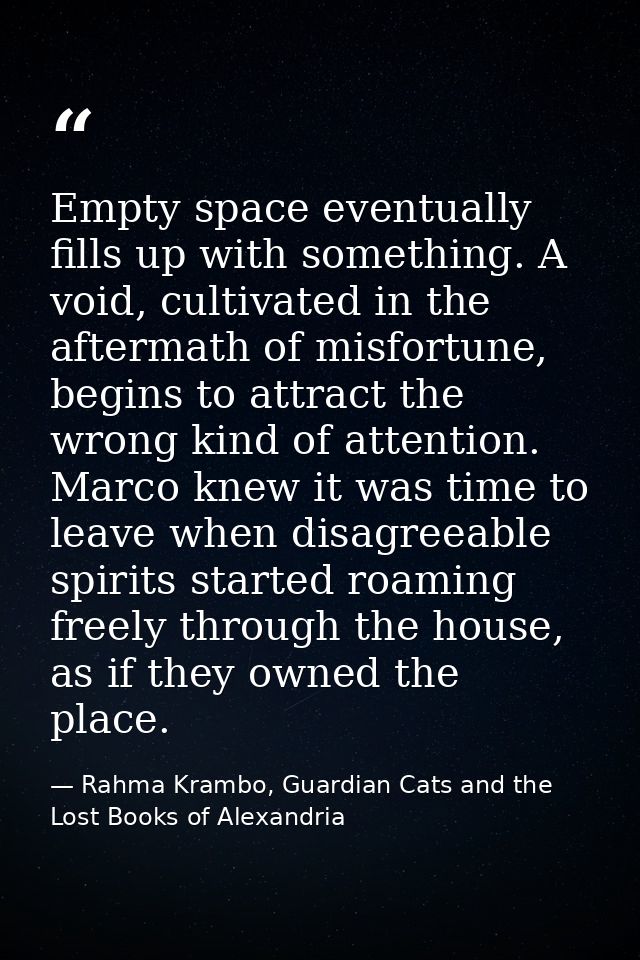 Empty space eventually fills up with something. A void, cultivated in the aftermath of misfortune, begins to attract the — Rahma Krambo, Guardian Cats and the Lost Books of Alexandria
