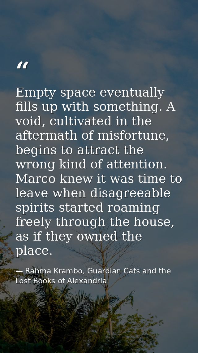 Empty space eventually fills up with something. A void, cultivated in the aftermath of misfortune, begins to attract the — Rahma Krambo, Guardian Cats and the Lost Books of Alexandria