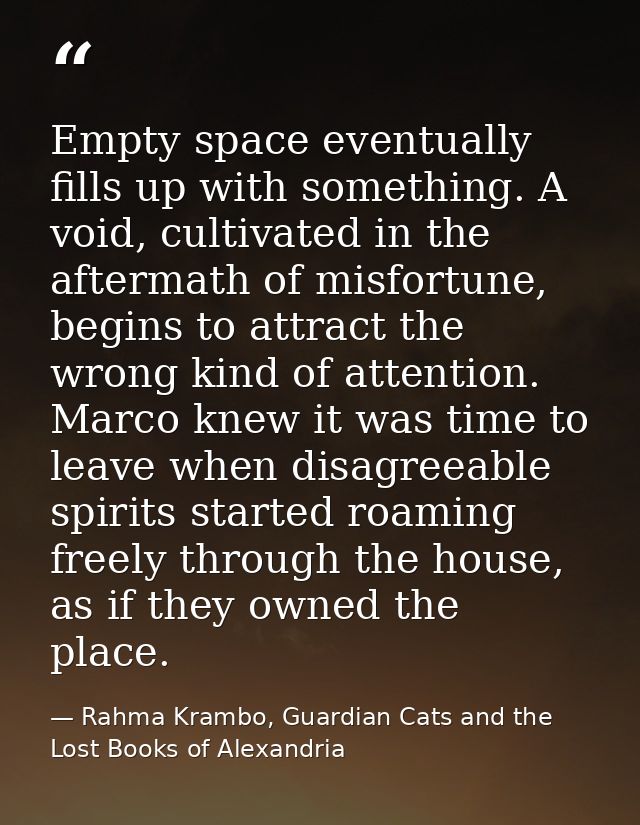 Empty space eventually fills up with something. A void, cultivated in the aftermath of misfortune, begins to attract the — Rahma Krambo, Guardian Cats and the Lost Books of Alexandria