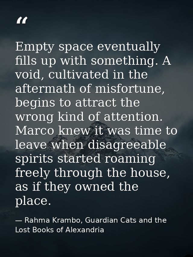 Empty space eventually fills up with something. A void, cultivated in the aftermath of misfortune, begins to attract the — Rahma Krambo, Guardian Cats and the Lost Books of Alexandria