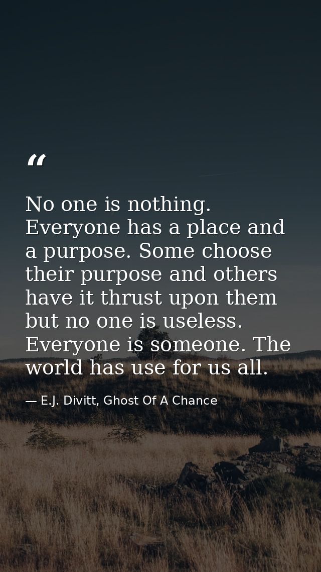 No one is nothing. Everyone has a place and a purpose. Some choose their purpose and others have it thrust upon them but — E.J. Divitt, Ghost Of A Chance