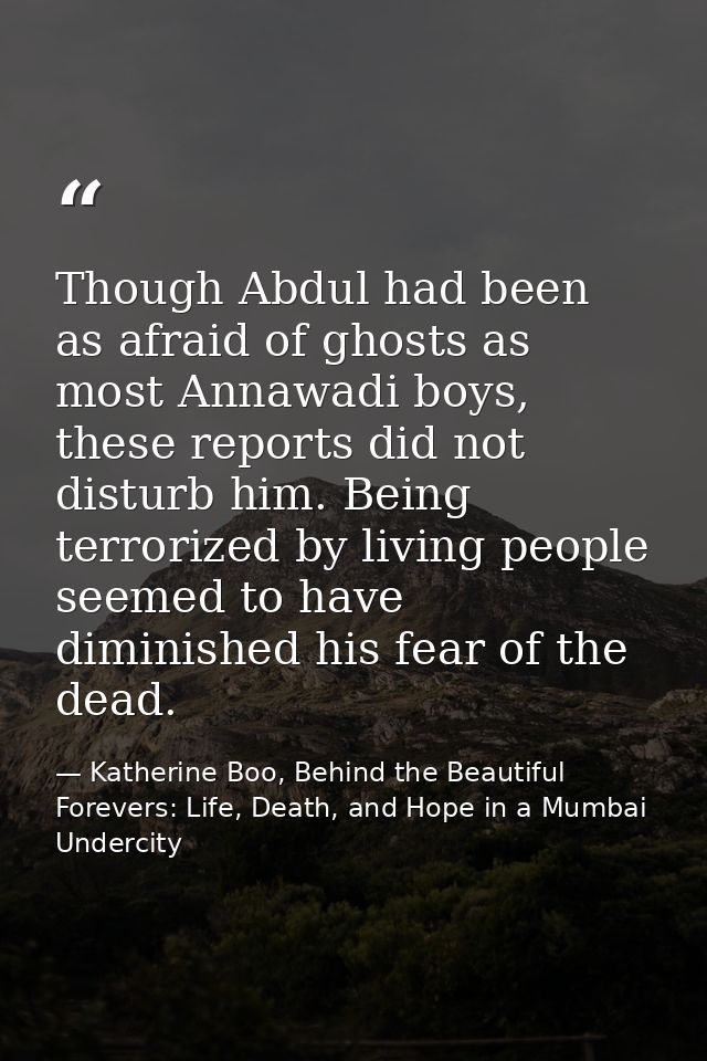 Though Abdul had been as afraid of ghosts as most Annawadi boys, these reports did not disturb him. Being terrorized by  — Katherine Boo, Behind the Beautiful Forevers: Life, Death, and Hope in a Mumbai Undercity