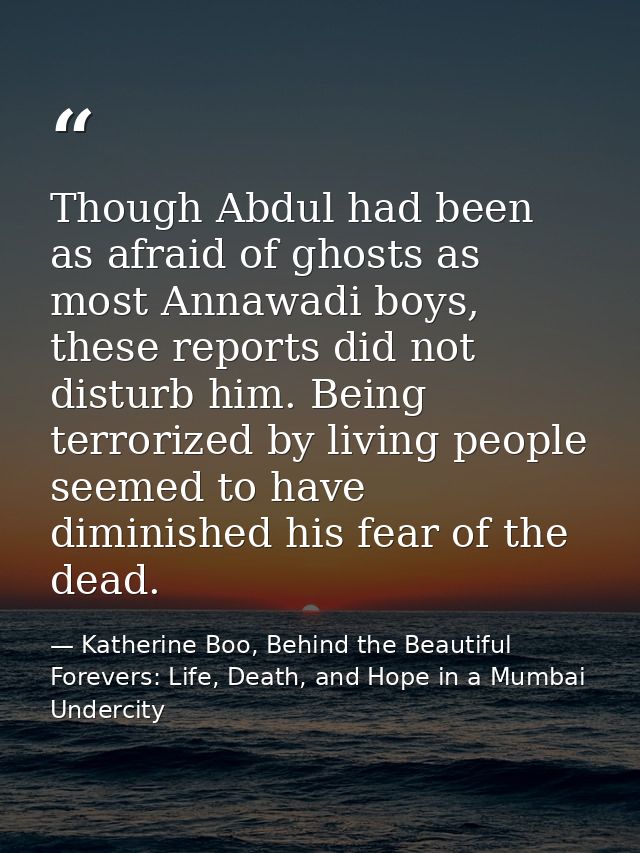 Though Abdul had been as afraid of ghosts as most Annawadi boys, these reports did not disturb him. Being terrorized by  — Katherine Boo, Behind the Beautiful Forevers: Life, Death, and Hope in a Mumbai Undercity