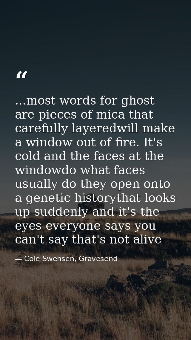 ...most words for ghost are pieces of mica that carefully layeredwill make a window out of fire. It's cold and the faces — Cole Swensen, Gravesend