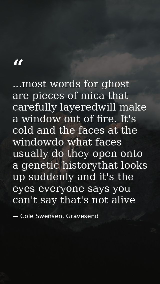 ...most words for ghost are pieces of mica that carefully layeredwill make a window out of fire. It's cold and the faces — Cole Swensen, Gravesend