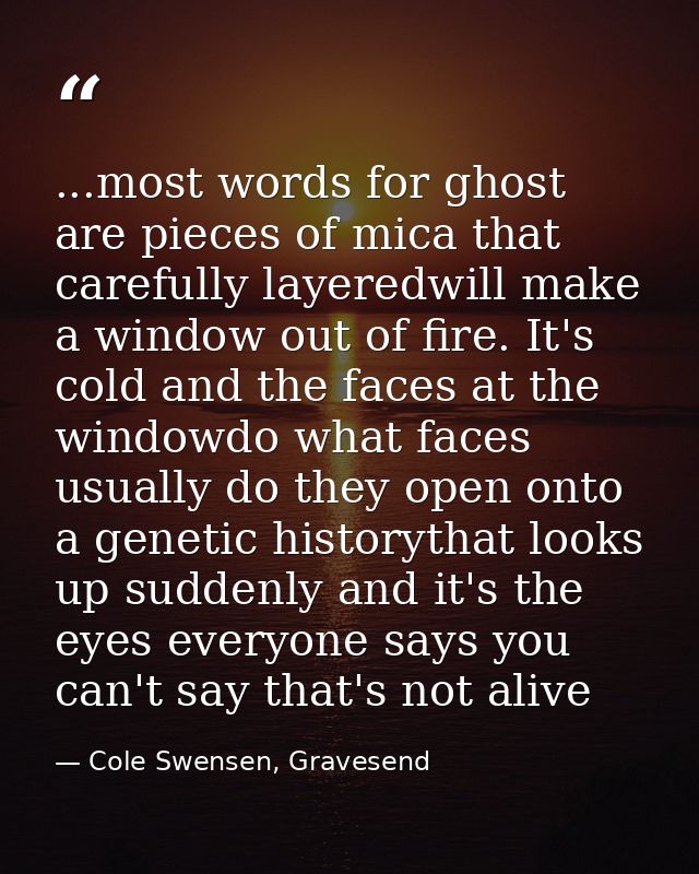 ...most words for ghost are pieces of mica that carefully layeredwill make a window out of fire. It's cold and the faces — Cole Swensen, Gravesend