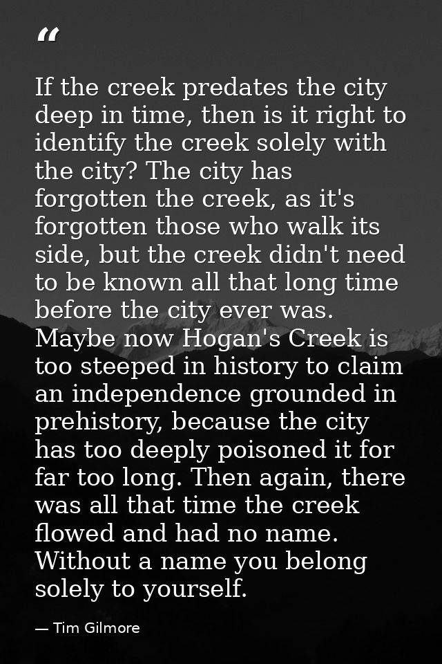 If the creek predates the city deep in time, then is it right to identify the creek solely with the city? The city has f — Tim Gilmore