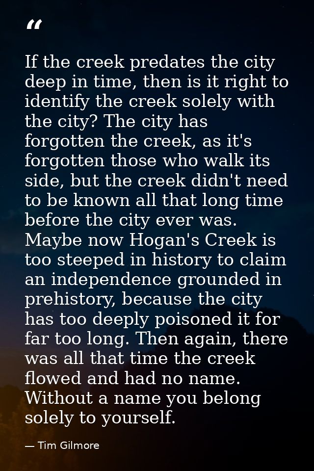 If the creek predates the city deep in time, then is it right to identify the creek solely with the city? The city has f — Tim Gilmore