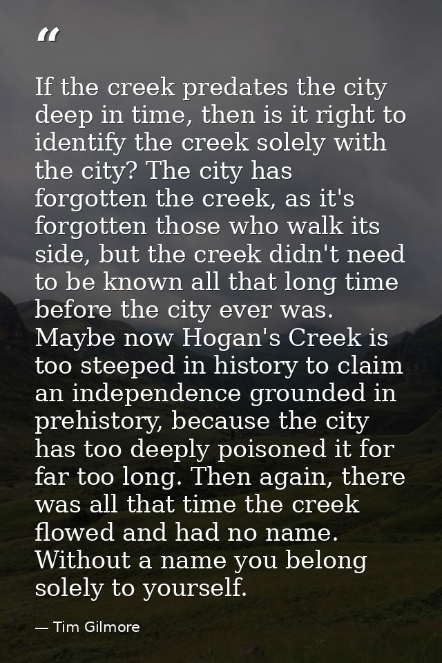 If the creek predates the city deep in time, then is it right to identify the creek solely with the city? The city has f — Tim Gilmore