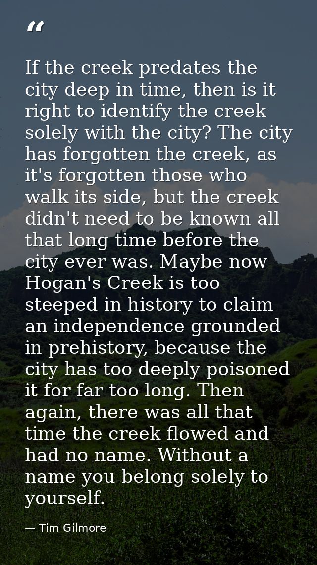If the creek predates the city deep in time, then is it right to identify the creek solely with the city? The city has f — Tim Gilmore