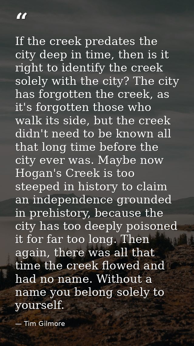 If the creek predates the city deep in time, then is it right to identify the creek solely with the city? The city has f — Tim Gilmore