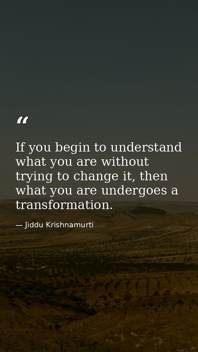 If you begin to understand what you are without trying to change it, then what you are undergoes a transformation. — Jiddu Krishnamurti