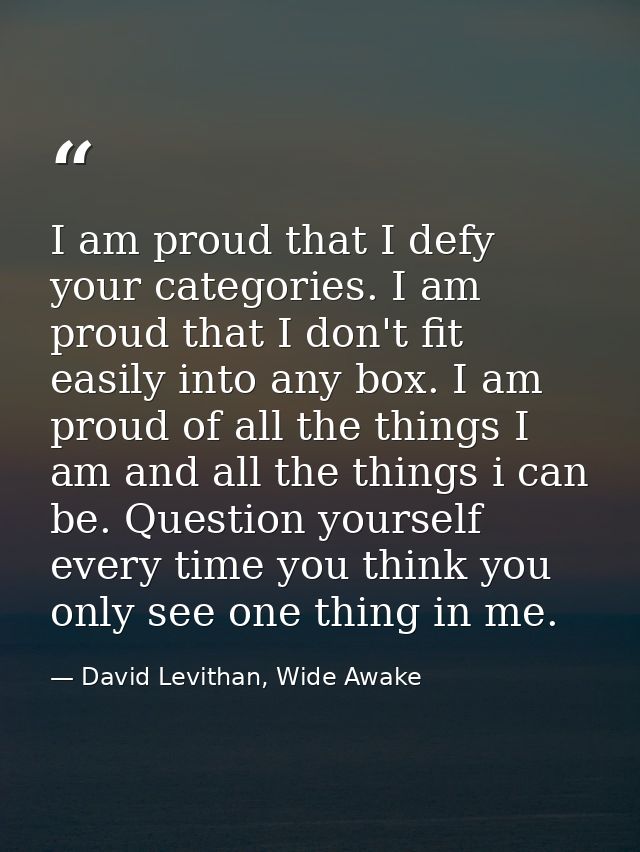I am proud that I defy your categories. I am proud that I don't fit easily into any box. I am proud of all the things I  — David Levithan, Wide Awake