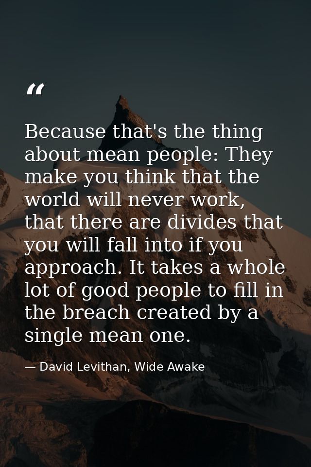 Because that's the thing about mean people: They make you think that the world will never work, that there are divides t — David Levithan, Wide Awake